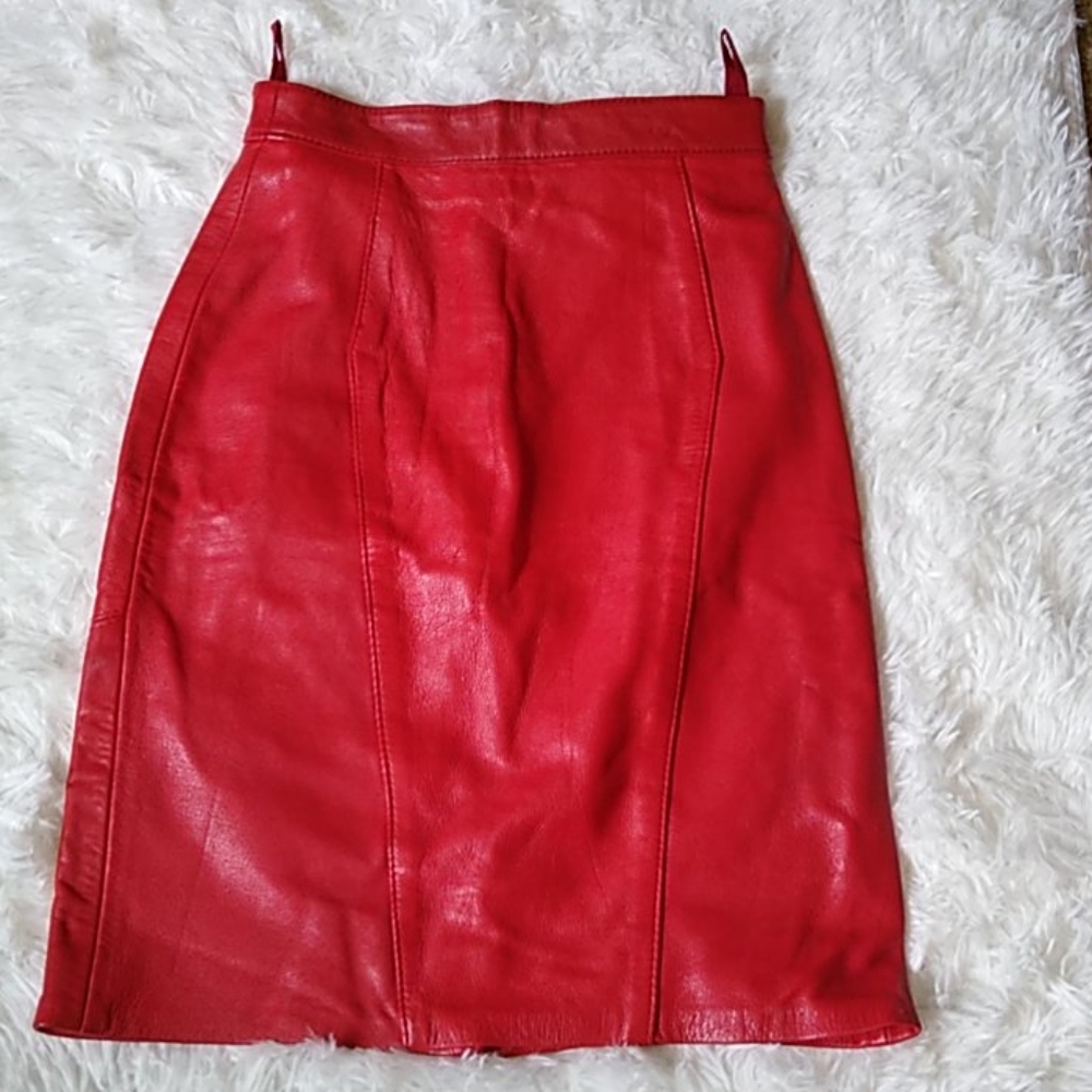 Vintage 80s 90s red leather pencil skirt